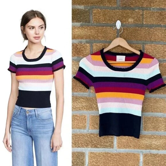 CINQ À SEPT Nicolette Stripe Ribbed Top In Rainbow SIZE MEDIUM - Picture 1 of 10